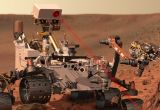Représentation artistique du rover Curiosity utilisant le laser de l’instrument ChemCam pour analyser la composition de la surface des roches martiennes. © NASA/JPL-Caltech